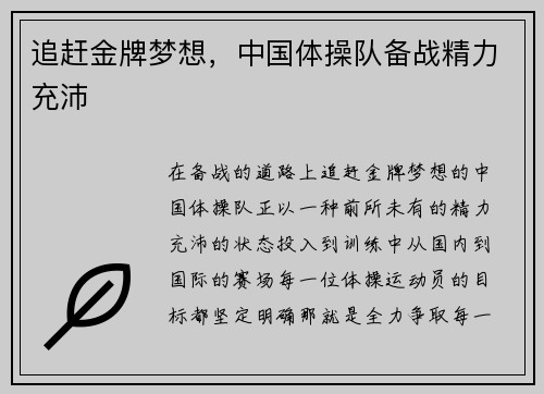 追赶金牌梦想，中国体操队备战精力充沛