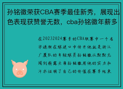 孙铭徽荣获CBA赛季最佳新秀，展现出色表现获赞誉无数，cba孙铭徽年薪多少